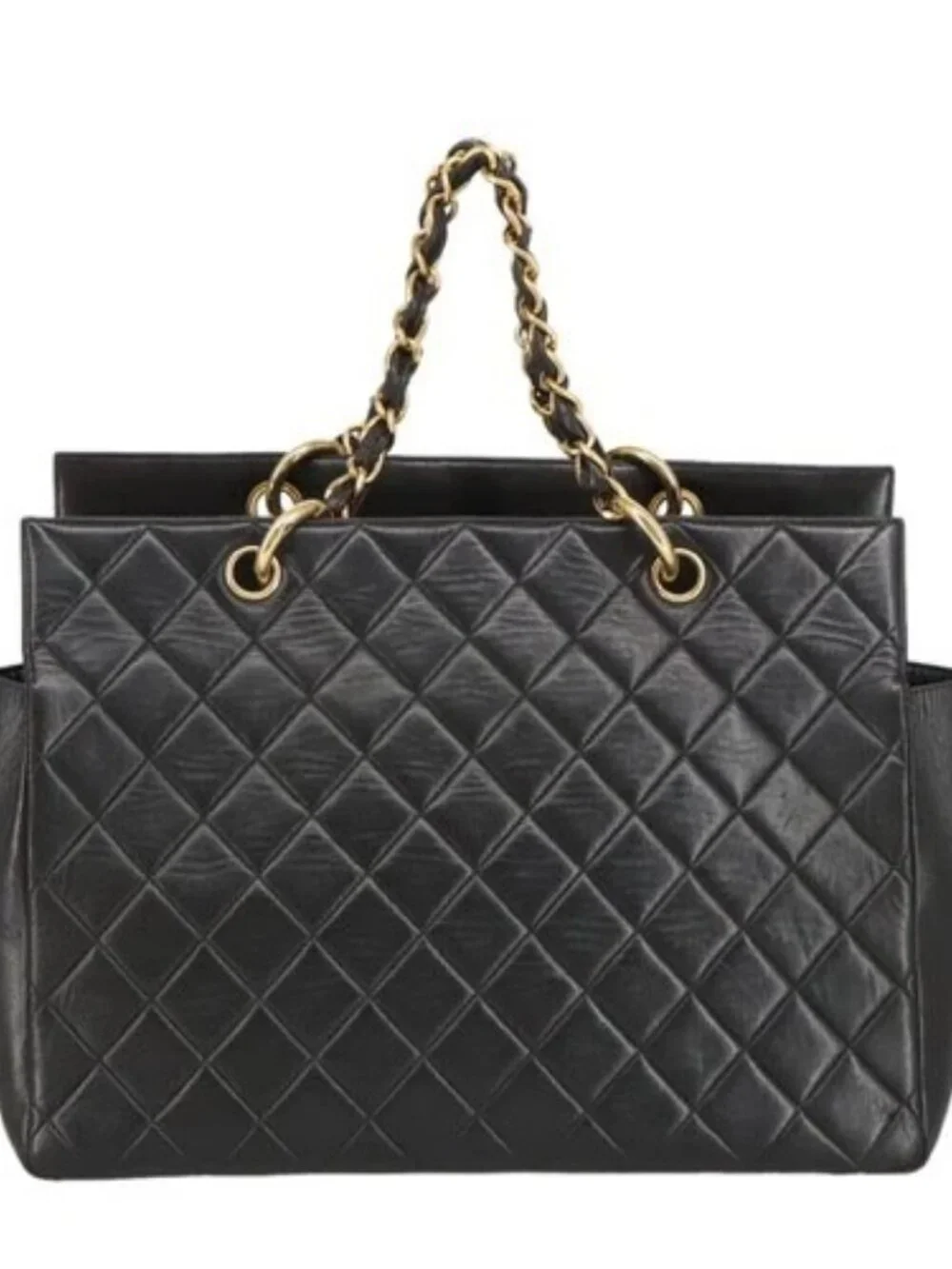 CHANEL Matelasse Chain Hand Bag Lamb Skin Black Gold CC Auth yk15908V